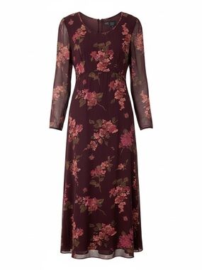 Vintage Liz Claiborne Burgundy Floral Midi Dress Size 8 Long Sleeve Empire Waist
